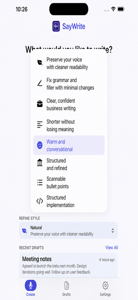 SayWrite refine styles menu