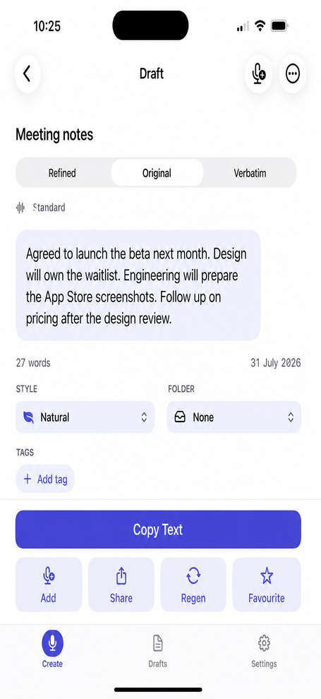 SayWrite draft detail with Copy Text